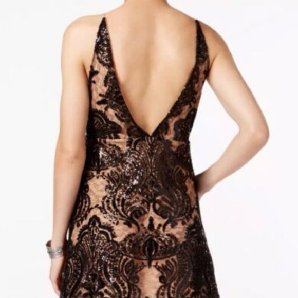 NWT Free People Night Shimmer Sequin Mini Dress Black Lace Nude Slip Size 12. - Picture 4 of 7